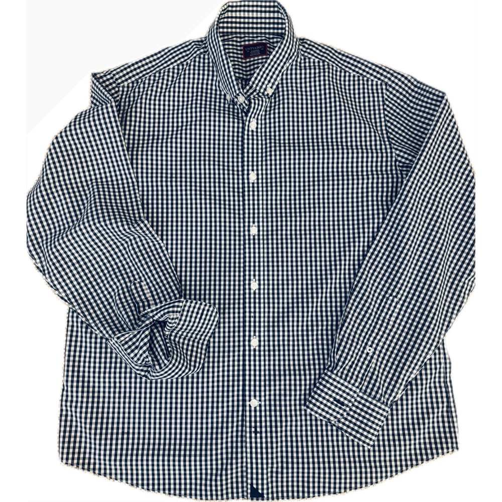 UNTUCKit Mens XL Gingham Button Down Shirt Navy White Wrinkle Free Cotton